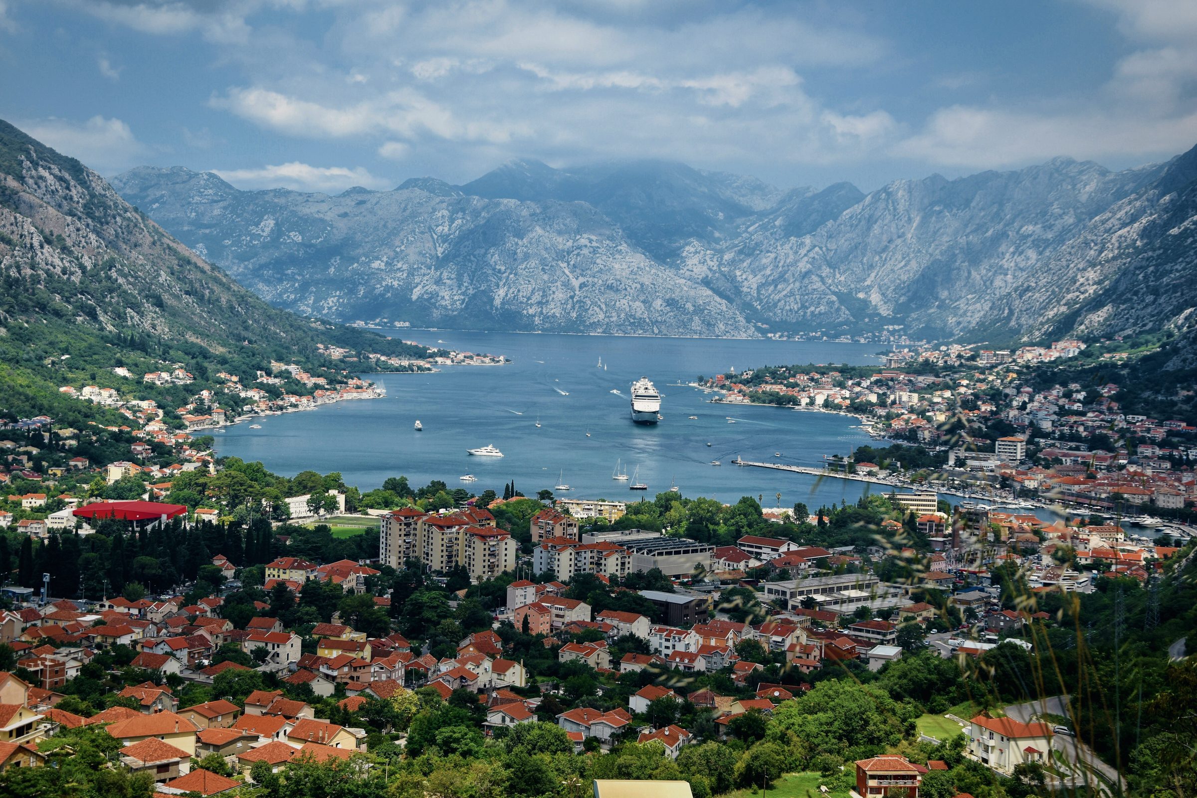 The Bay of Kotor from the hillside, mountains falling into deep water.